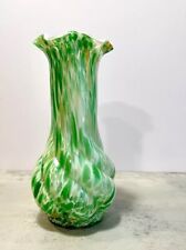 Antique LEGRAS Green Boules Facettes Glass Splatter Vase | Ribbed & Ruffles 8x4” picture