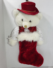Dan Dee Plush White 3D Bear Plush Red Stocking Gold Metallic Vintage Wearing Hat picture