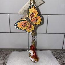 Patricia Breen Glass Ornament BUTTERFLY SANTA 2pc Jeweled Shimmer Poland Orange picture