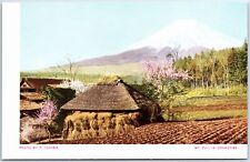 VINTAGE POSTCARD HUTS WITH SPRINGTIME VIEW OF MOUNT FUJI JAPAN picture