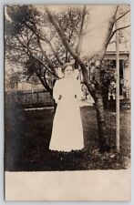 RPPC Pretty Victorian Girl Huge Hair Bow by Tree for Photo c1915 Postcard F23 picture