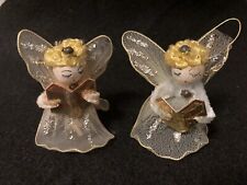 Two Vintage Angels Spun Cotton Chenille Tulle Wings Mercury Glass Christmas picture