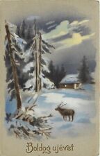 c1910 Hungarian New Year Art Postcard Beautiful Moonlit Snowy Landscape w/ Elk picture