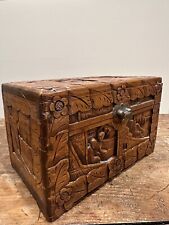 Vintage Hand Carved Wood Pictorial Scene Asian Camphor Box Hinged Dresser Chest picture