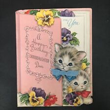Vtg Birthday Card Adorable Blue Eyed Kittens Peeking Out Pansies Granddaughter picture