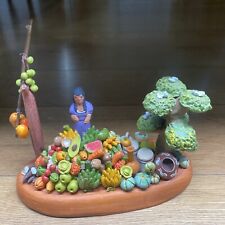 Miniature Fruit Vegetable Stand Market Handmade Clay Pottery Sculpture Vintage picture