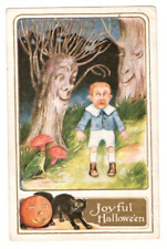 Antique Halloween Postcard Boy Scared by Spooky Trees JOL Black Cat 1912 picture