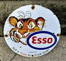 Vintage Esso Gasoline Porcelain Tiger Suit Gas Service Station Auto Tank Sign picture
