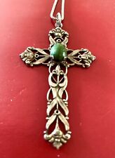 VTG STERLING SILVER 50’s 60’s LARGE FLOWERY GREEN JADE CROSS NECKLACE BY CREED picture