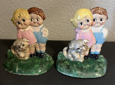 ANTIQUE USA HUBLEY CAMPBELL SOUP KIDS GIRL BOY CAST IRON CHILD DOG ART BOOKENDS  picture