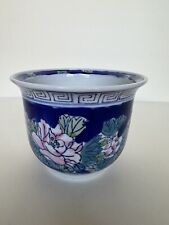 Vintage Ceramic Asian 4” X 4” Bowl Shaped Planter Flower Pot Blue Glazed w/Roses picture