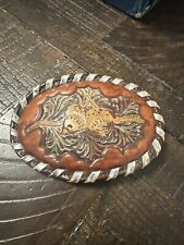 Leather Tony Lama Acorn & Leaves Cowboy Cowgirl Hippie Vintage Belt Buckle picture