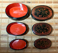 Vintage Black Red Lacquer Oval Nesting Trinket Jewel Boxes Paisley Scroll -Set 3 picture