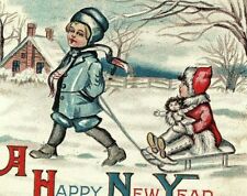 1914 New Year Postcard Sledding Kids Happy Vtg Snow Home Scene Embossed  picture