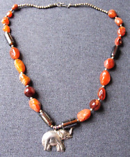 Vintage real agate stone, glass & metal beads necklace with elephant dangle picture