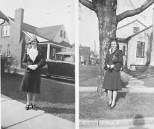 Lot of 2 Vintage 1940s Women Posing Outside 40s Fashion Suits Hats Coats picture