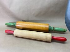 (2) Vintage Maple Wood Green and red Handled Rolling Pins picture