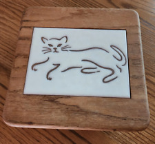 Handcrafted LAZY SUSAN Wood & Ceramic Tile with CAT Design 10.5