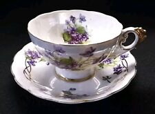 Vintage Lefton China Floral Purple & Gold Teacup & Saucer Set Lusterware picture