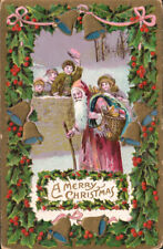 C 1909 CHRISTMAS PC BELSNICKEL SANTA CLAUS ENTERS VILLAGE GREETED BY CHILDREN picture