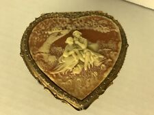 Vintage Sankyo Heart Shaped Romantic Scene Ornate Footed Trinket Music Box picture