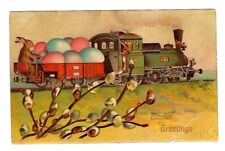 c1909 Easter Postcard 2 Rabbits on a Train Pulling Colored Eggs - Embossed picture