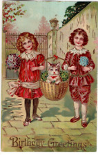 ANTIQUE BIRTHDAY Postcard    BOY AND GIRL CARRYING KITTEN IN BASKET picture