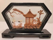 Chinese Cork & Wood Diorama Hand Carved Asian Crane Pagoda Tree Art Glass picture