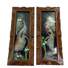 Vintage Mexican Feathercraft Aztec Bird Art Handcarved Frames lot 2 peacock picture