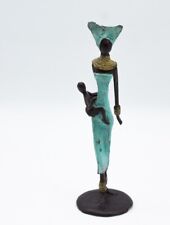 Fabulous African Bronze Figurine--Woman Holding Baby, Carrying Pot signed 9