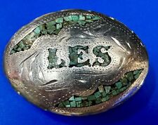 Custom Name LES Vintage Turquoise Chip Inlaid Inlay C&L Belt Buckle picture