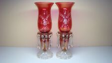 Vintage Ruby Etched Candle Sconces Pair w Faceted Prisms Set Not electrified picture
