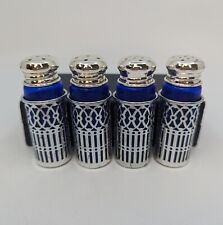 Vtg Set of 4 Cobalt Blue Glass and Silver Metal Salt and Pepper Shakers Japan picture