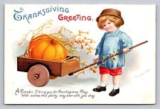Postcard Thanksgiving Greeting Child Pumpkin in Wagon A/S Clapsaddle 1915 D450 picture