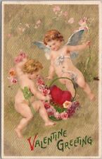 c1910s VALENTINE GREETING Embossed Postcard Cupids / Heart in Basket Winsch Back picture