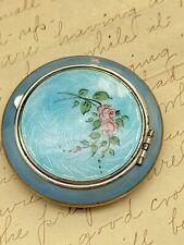 1920s Guilloche Enemal Compact Blue Pink Roses On Aqua  picture
