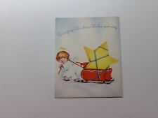 Vtg New Year Card Darling Angel Girl Pulls HUGE STAR in Red Sled by TOWER 1940's picture