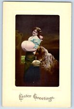 Easter Postcard Greetings Girl With Big Eggs Saint Bernard Dog Embossed c1910's picture
