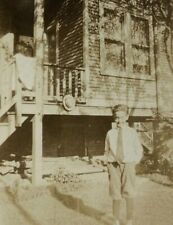 Little Boy With Tie Hands In Pockets Standing By House B&W Photograph 2.5 x 3.5 picture