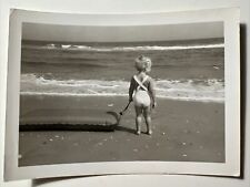 1960s Little Blonde BEACH Girl pulling RAFT Ocean Waves vintage Snapshot Photo picture
