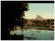 England. Ely. The Cathedral from the River.  Vintage Photochrome by P.Z, Photo picture
