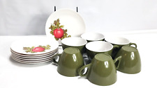 14 pc Vtg Royalon Cups with Dessert Plates=USA=Melmac=Avocado Green/ApplesGrapes picture