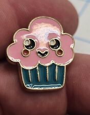 VTG Lapel Pinback Gold Tone Cupcake Smiley Face Red Dimples Enameled  picture