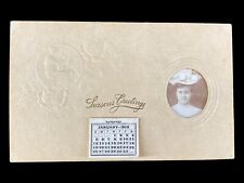 Antique Victorian Seasons Greetings Card Real Photo 1908 Miniature Calendar picture