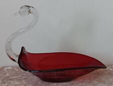 Duncan Miller Ruby Red & Clear Glass Large Swan Mint / Dish - Vintage picture