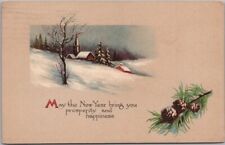 Vintage 1916 HAPPY NEW YEAR Postcard Winter Church Scene / Pink of Perfection picture