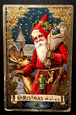 Antique Christmas Belsnickle Santa Gold Embossed Gel Coat Postcard Germany AAFA picture