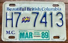 NICE LOOKING 1986 BASE, 1989 British Columbia MOTORCYCLE LICENSE PLATE, H7 7413 picture