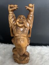 Vintage Hand Carved Wooden Joyful Buddha Statue 12 inches picture