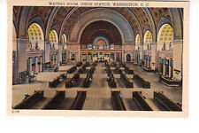 Linen Postcard: Union Station, Washington, DC - Waiting Room - wooden benches picture